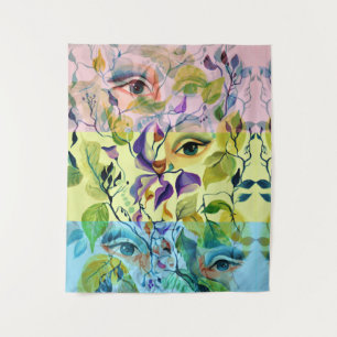 Handpainted Elegant Feminine Eyes Colourful Leaves Tapestry