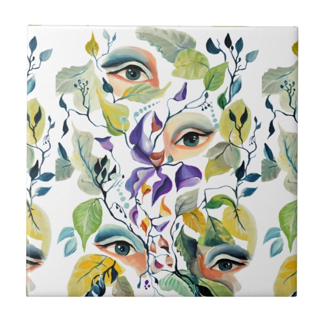 Handpainted Elegant Feminine Eyes Colourful Leaves Tile (Front)