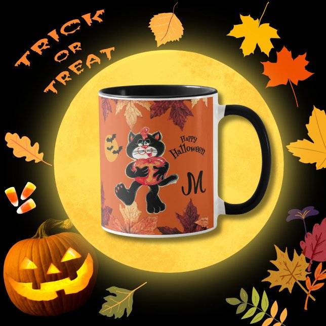 Handpainted Happy Halloween Cat Pumpkin Monogram Mug (Creator Uploaded)
