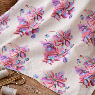 Handpainted Himalayan Poppies Blue Pink Colours Fabric