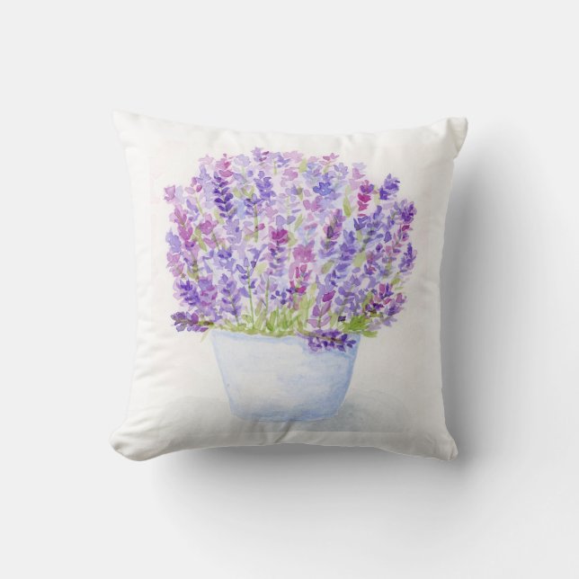 Handpainted Loose Watercolor Lavender Floral Cushion (Front)