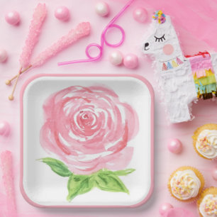 Handpainted Loose Watercolor Rose Floral Paper Plate