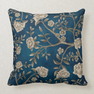 Handpainted Navy Blue Chinoiserie Floral Greenery Cushion