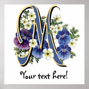 Handpainted Pansy Initial Monogram -  M Poster