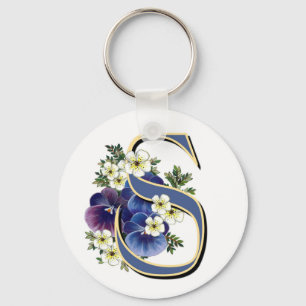Handpainted Pansy Initial Monogram - S Key Ring