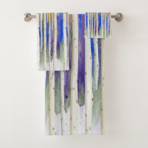 Handpainted rainbow sunset birch watercolor forest bath towel set