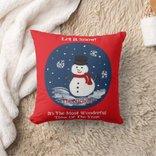Handpainted Snowman PERSONALIZE message RED Cushion