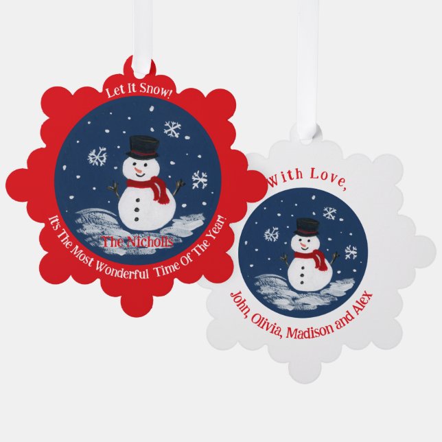 Handpainted Snowman RED Personalise Tree Decoration Card (Front/Back)