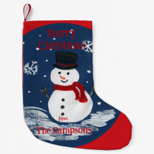 Handpainted Snowman Red PERSONALIZE  Small Christmas Stocking