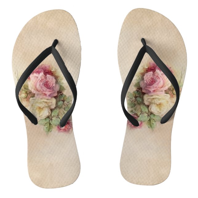 Handpainted Style Vintage Pink and White Roses Jandals (Footbed)