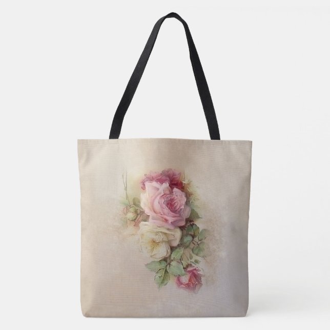 Handpainted Style Vintage Pink and White Roses Tote Bag (Front)