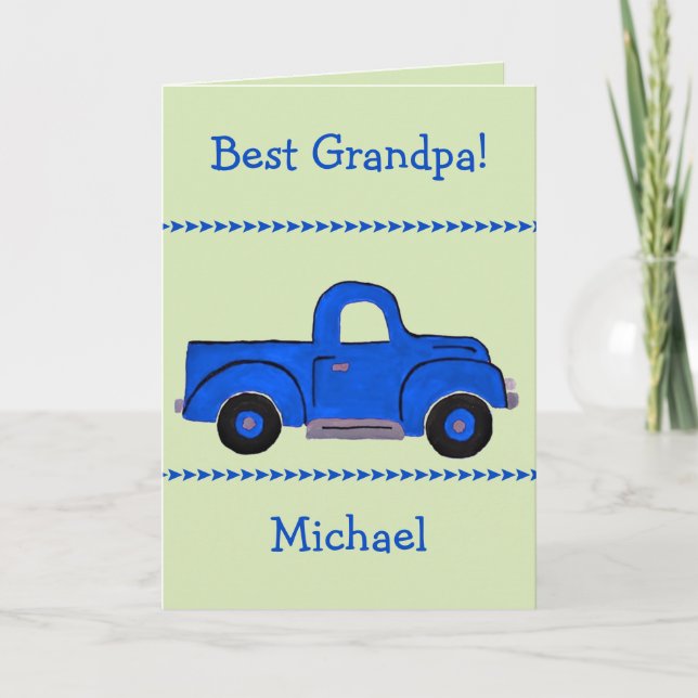 Handpainted Vintage Blue Truck NAME Grandpa Card (Front)