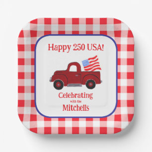 Handpainted Vintage Truck 250 USA Flag Red Check Paper Plate