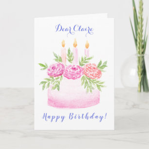 Handpainted Watercolor Floral BIRTHDAY Cake Name 2 Card