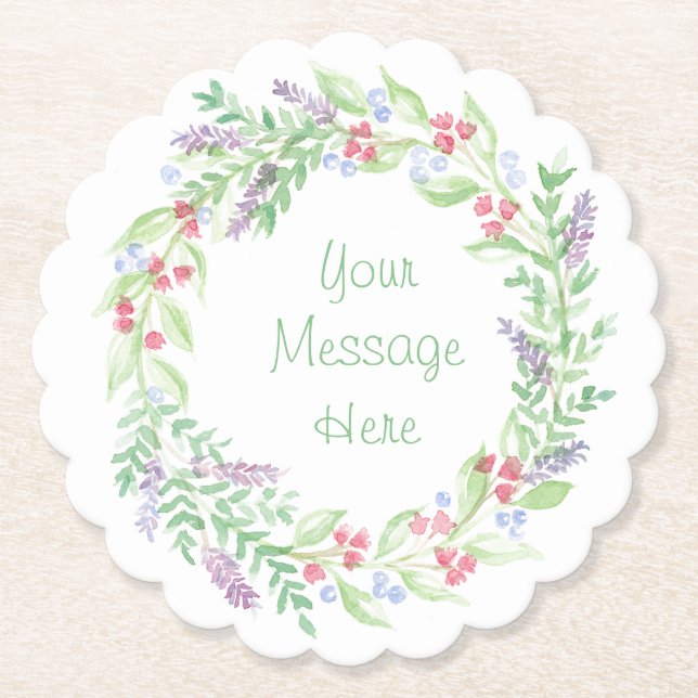 Handpainted Watercolor Floral Wreath Paper Coaster (Front)