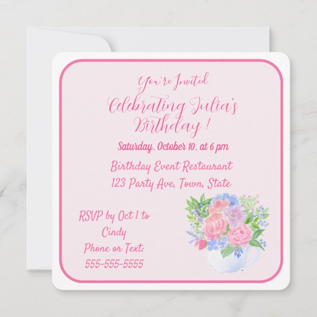 Handpainted Watercolor Flowers HAPPY BIRTHDAY  Invitation (Front)