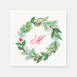 Handpainted Watercolor Holiday Wreath NAME Initial Napkin