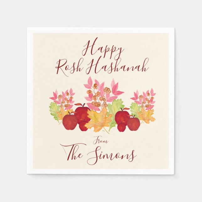 Handpainted Watercolor Leaves Apples Rosh Hashanah Napkin (Front)