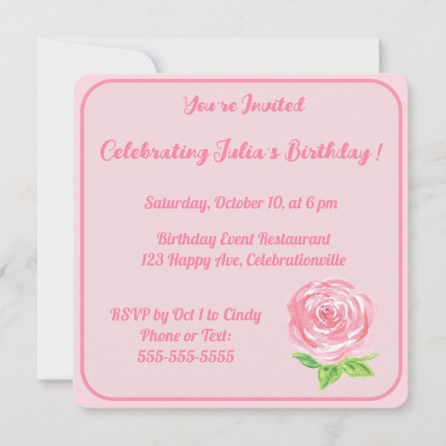 Handpainted Watercolor Rose HAPPY BIRTHDAY  Invitation (Front)