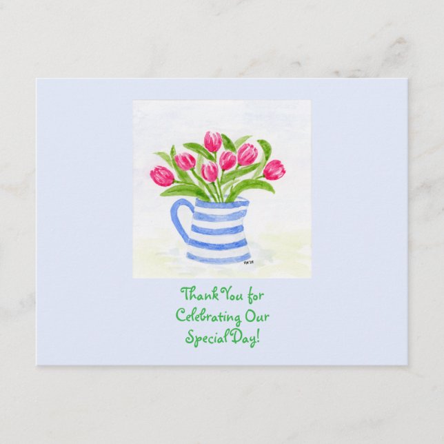 Handpainted Watercolor Tulips, Blue Stripe Pitcher Enclosure Card (Front)