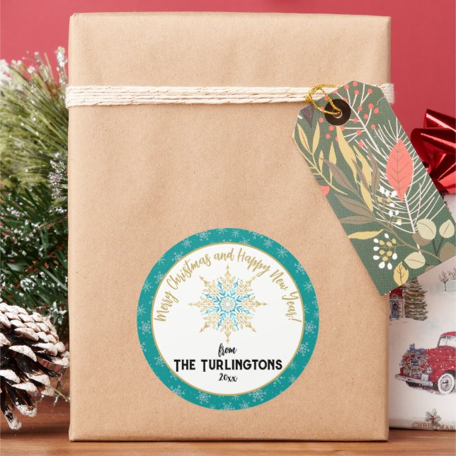 Handpainted White Aqua Snowflakes Holiday Greeting Classic Round Sticker (Holiday)