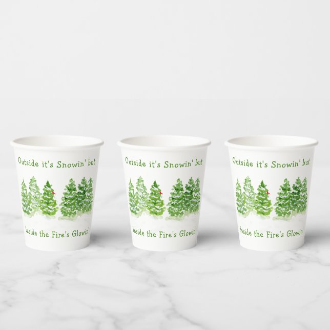 Handpainted Winter Trees Outside Snow Fires Glowin Paper Cups (Multi)