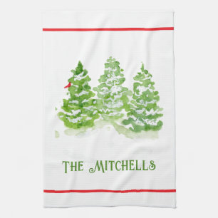 Handpainted Winter Trees PERSONALIZE NAME Tea Towel