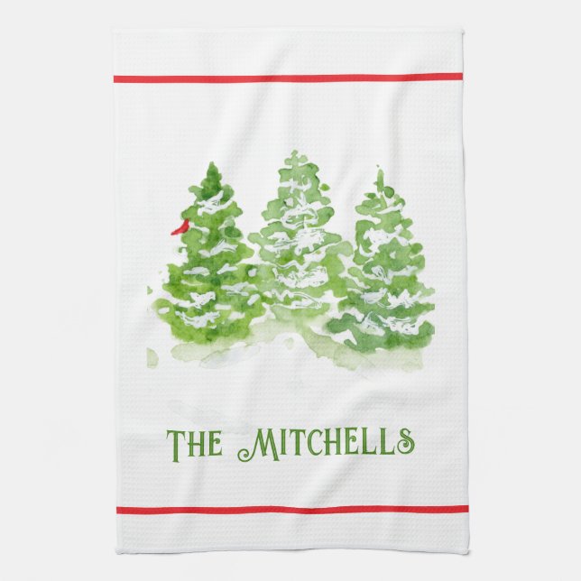 Handpainted Winter Trees PERSONALIZE NAME Tea Towel (Vertical)