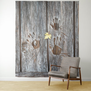 Handprints Birds on Wooden Boards with Autumn Leaf Tapestry