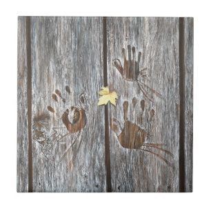 Handprints Birds on Wooden Boards with Autumn Leaf Tile