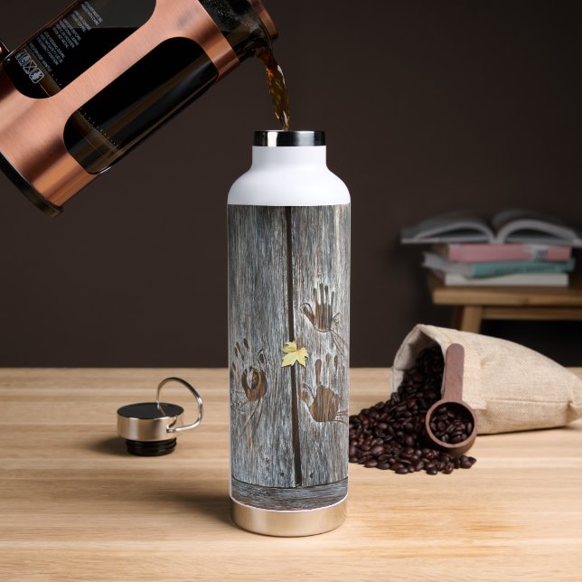 Handprints Birds on Wooden Boards with Autumn Leaf Water Bottle (Coffee (Rotated))