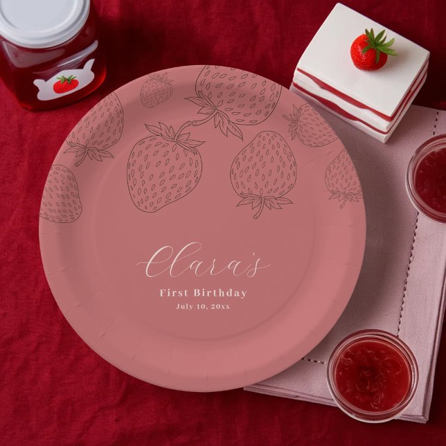 Handraw Minimalist Strawberry Birthday Paper Plate (Creator Uploaded)