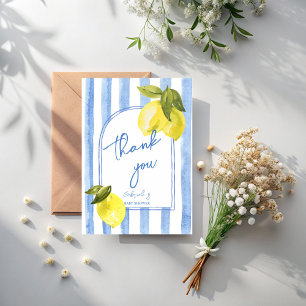 Handrawn blue stripes lemons baby shower thank you card