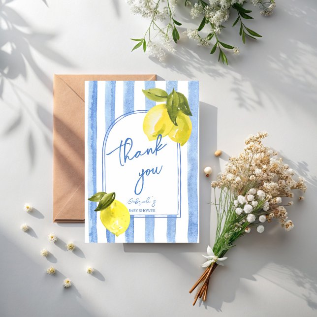 Handrawn blue stripes lemons baby shower thank you card (Ciao bambino Handrawn blue stripes lemons Italian baby shower thank you cards)