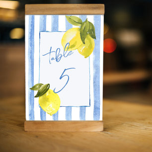 Handrawn blue stripes lemons bridal shower table number