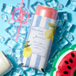 Handrawn blue stripes lemons Italian wedding favou Seltzer Can Cooler