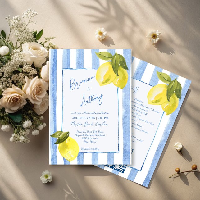 Handrawn blue stripes lemons Italian wedding Invitation (Handrawn blue stripes lemons Italian wedding Invitation cards with RSVP template instant download)