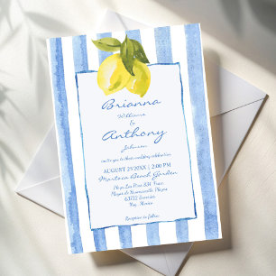 Handrawn blue stripes lemons Italian wedding Invitation