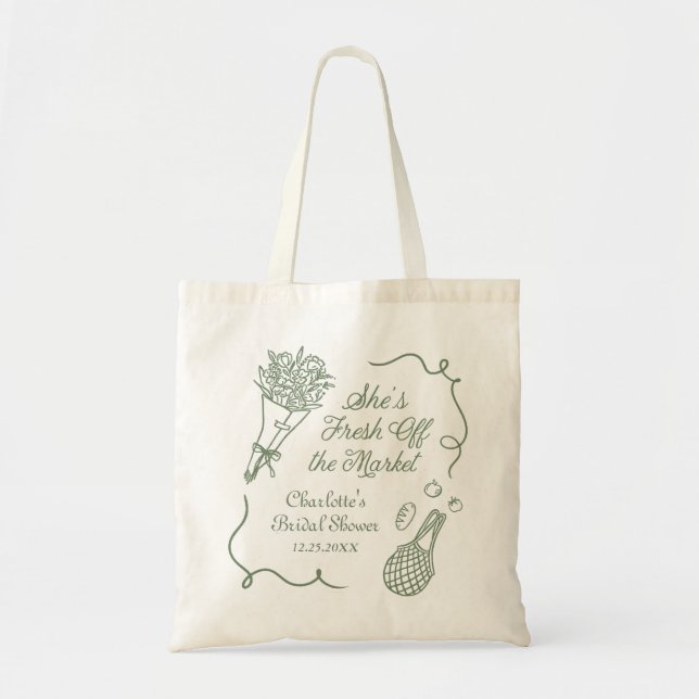 Handrawn Fresh Off the Market Bridal Shower Tote Bag (Front)