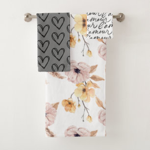 Handrawn Hearts, Saying and Quotes, Roses Pattern  Bath Towel Set