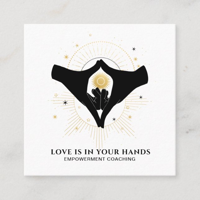 *~* Hands Heart Black Gold Sun Cosmic Energy Square Business Card (Front)