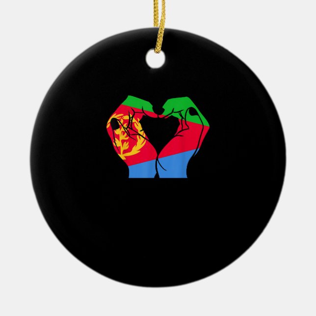 Hands Heart With Eritrean Flag Ceramic Tree Decoration (Front)