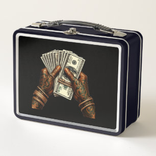 Hands Holding Dollar Bills Metal Lunch Box