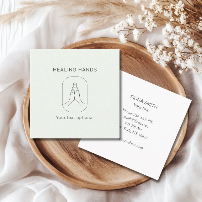   Hands Illustration Light Green White Square Business Card (Hands Illustration Light Green White)