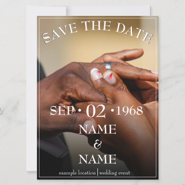 Hands of a coloured wedding couple pin on ring (Front)