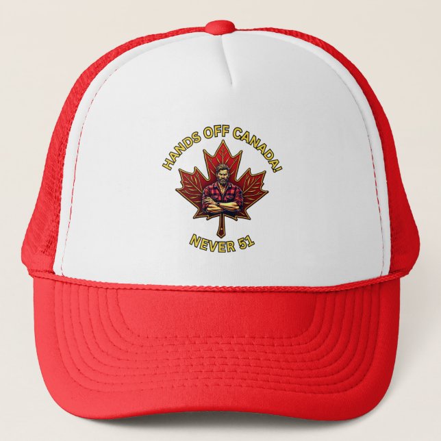 Hands Off Canada, Never 51, Maple Leaf Lumberjack Trucker Hat (Front)