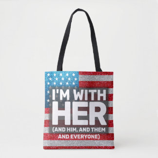 Hands Off I'm with Her LGBTQ American Flag Glitter Tote Bag
