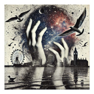 Hands on Face with Birds London Skyline, Big Ben Photo Print