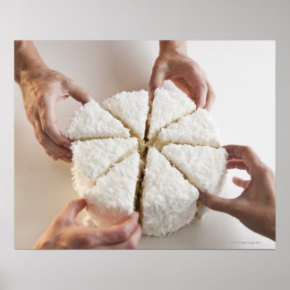 Hands pulling slices from cake poster