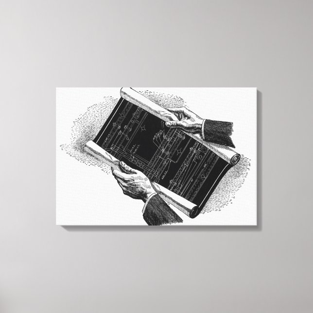 Hands w Architectural Blueprints, Vintage Business Canvas Print (Front)